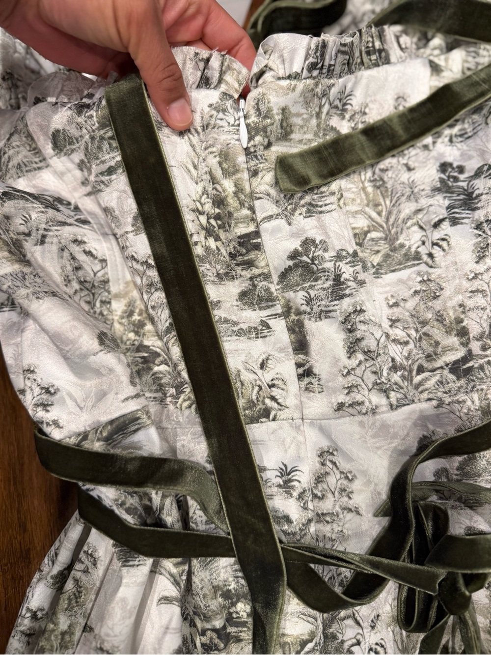 ANTONIO MELANI Ivory Maxi Dress with Olive Toile Print and Velvet Trim - Picture 11 of 13